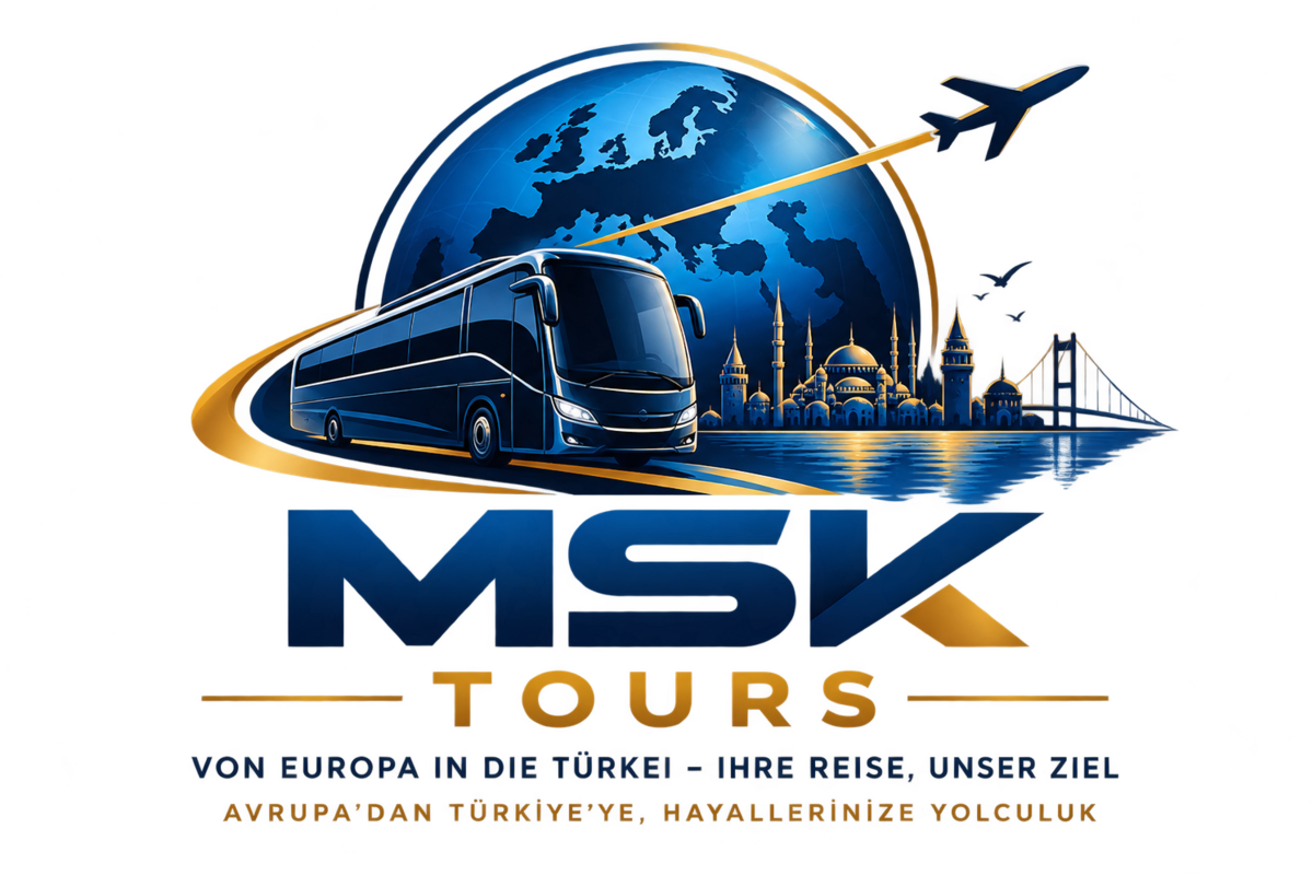 MSK Tours Logo – Reisebus vor Weltkugel und Istanbul-Silhouette